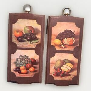 Vintage Set of 2 Hank Bos Fruit Still Life Art 1971 Donald Art Co. Wood Plaques